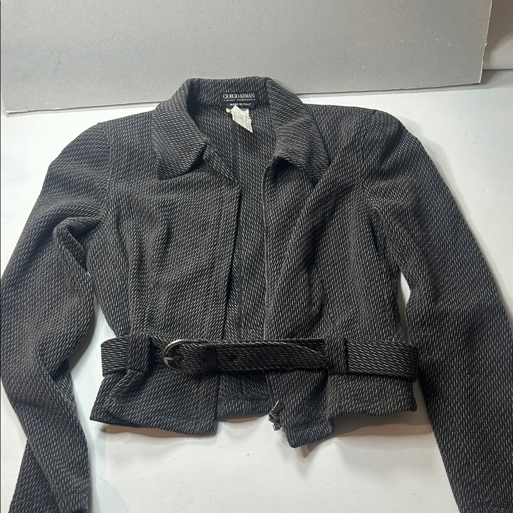 Giorgio Armani Top Tier Milano Collector Charcoal Textured Belted Jacket